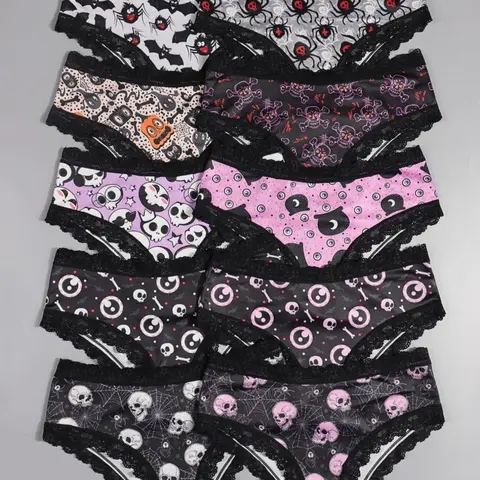 Morvia 10pcs Sexy Gothic Panties for Women, Lingerie Underwear, Sexy Emo Grunge Contrast Lace Hipster Briefs, Cute Dark Punk Style Intimates, Lace Fitted Panty, Comfy Briefs Pack, Fitted Knickers
