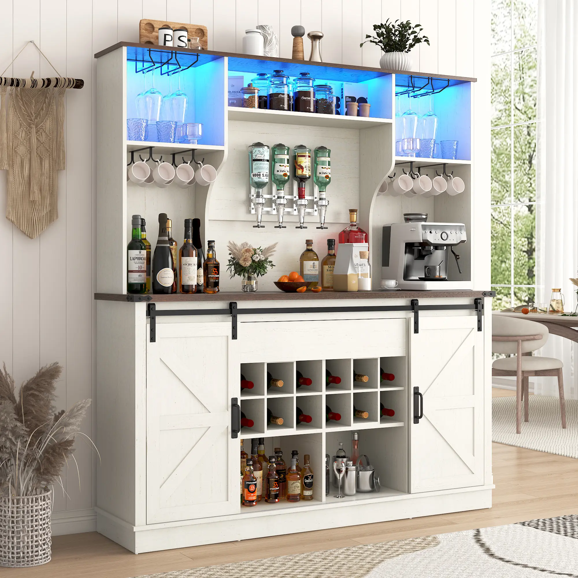 Farmhouse Coffee Bar Cabinet with LED Light, Charging Station & Sliding Barn Doors - 63"W x 71"H Large Wine Rack, Built-in Liquor Dispenser, Glass/Mug Holders for Kitchen, Living Room, Hallway