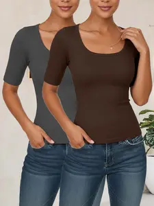 Ribbed U-Neck Short Sleeve T-Shirt 2-Pack, Casual Fitted Solid Pattern, Comfortable Daily Wear, Perfect for Summer