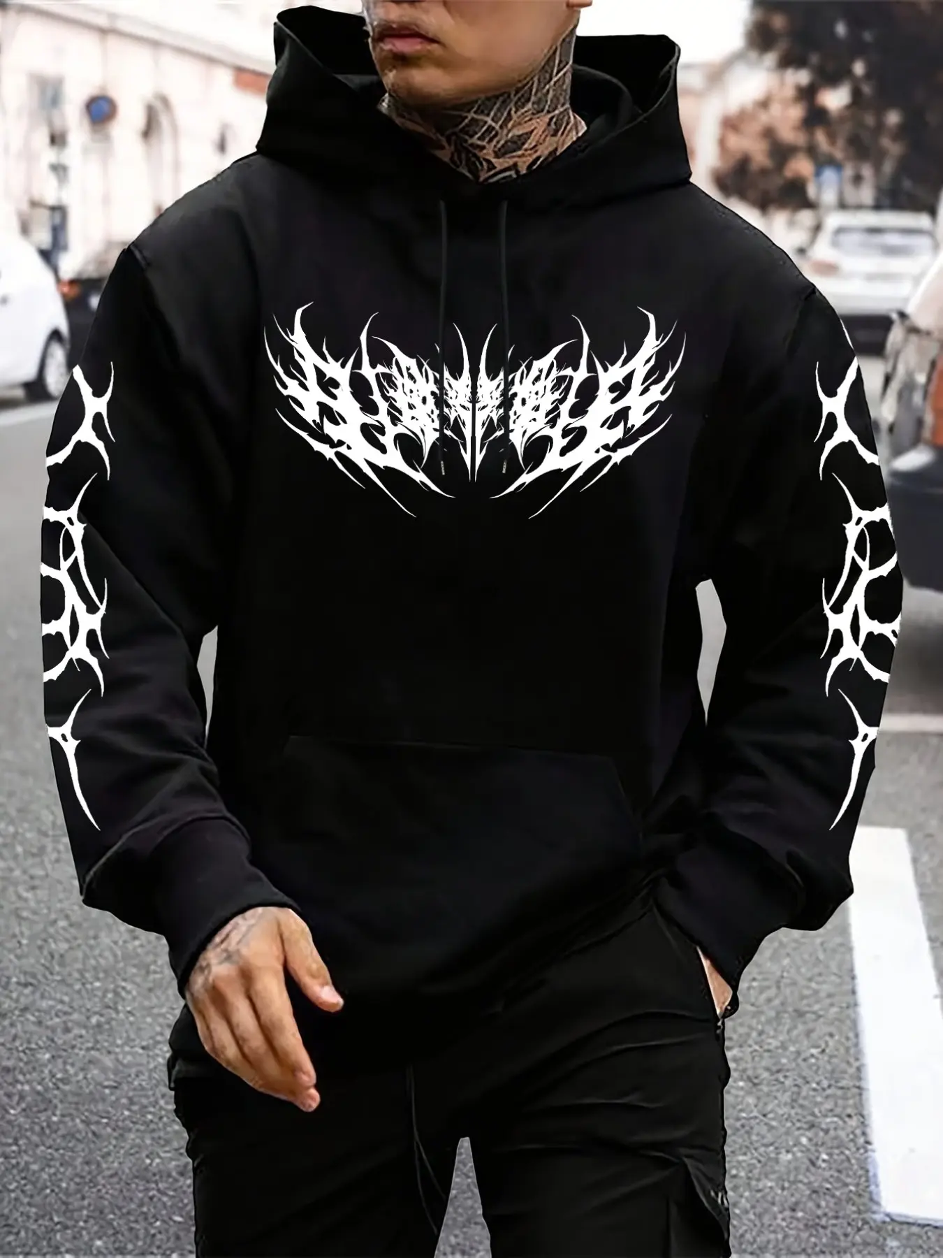 Unisex Edgy Gothic Thorn Graphic Oversized Hoodie, Sweatshirt, Graphic Streetwear Clothing, Casual, Long sleeve, Black & White Print, Spiky Thorn Typography & Sleeve Design, Dark Streetwear Aesthetic, Soft Fleece Fabric, Oversized Fit, Durable Print