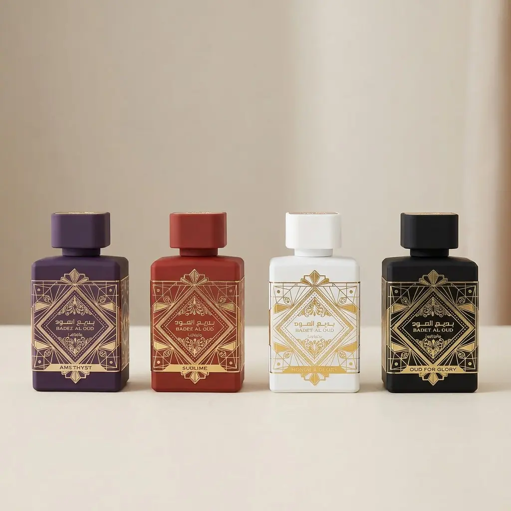 Lattafa Badee Al Oud 4 Piece Arabian Fragrance Set with Honor & Glory, Amethyst, Sublime & Oud for Glory - Eau de Parfum Multi-Pack for Adults, 3.4 oz Each