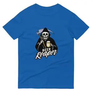 Grimm Reaper Drunk Short-Sleeve T-Shirt Cotton Menswear 100% Ring-Spun Cotton Comfortable Soft Fabric Blue Design - Grey, White, Hem, Top, Polyester, Thick graphic tee