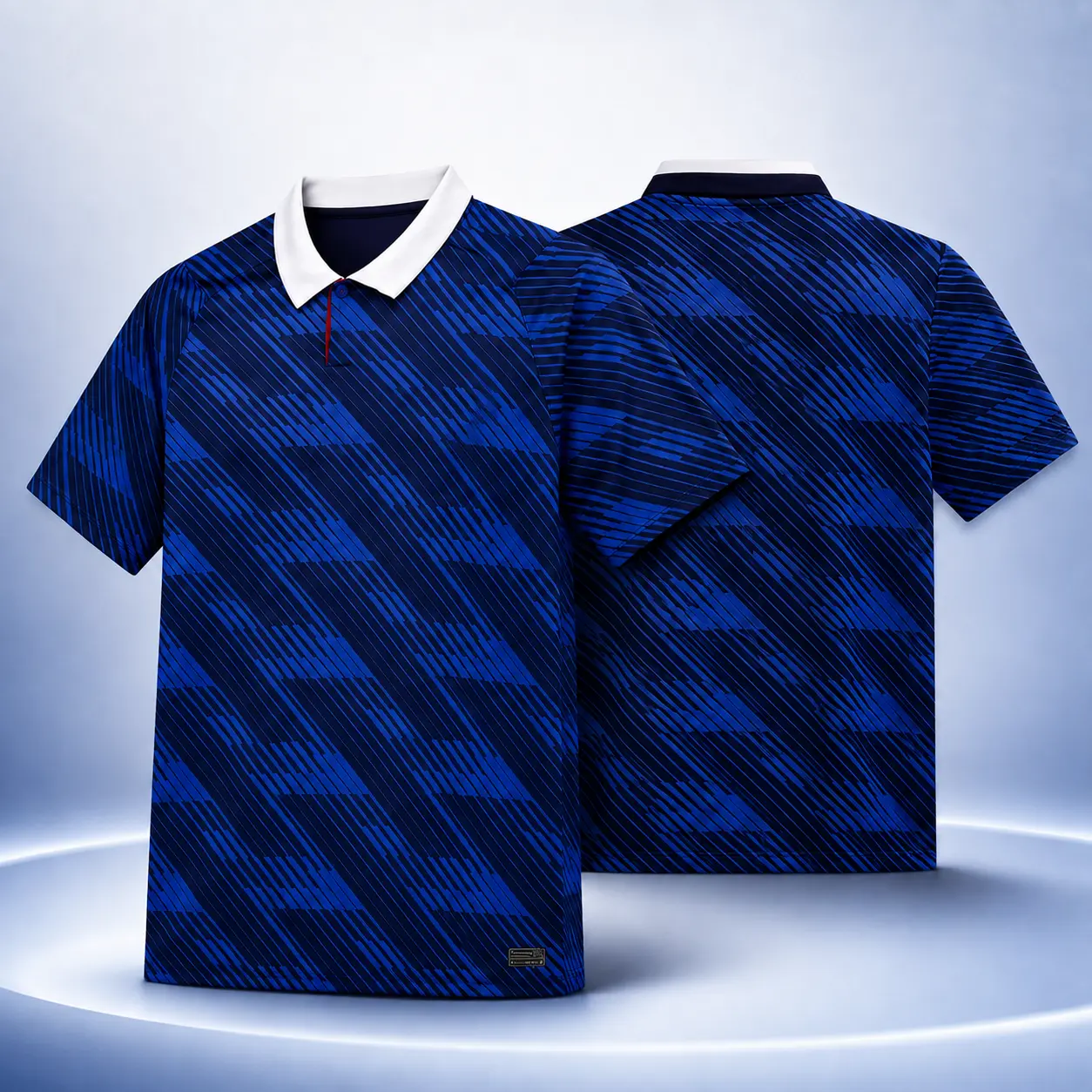 Men’s Navy Blue Collared Soccer Jersey – Diagonal Stripe Short Sleeve Football Fan Shirt