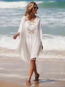 Women's Plain Fringe Trim Hollow Out Sheer Cover Up, Summer Clothes Women, Casual Batwing Sleeve V Neck Cover Up, Clothing, Lady Swimwear for Beach Holiday, Beach Cover Ups, Clothing