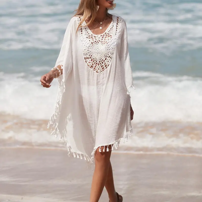 Women's Plain Fringe Trim Hollow Out Sheer Cover Up, Summer Clothes Women, Casual Batwing Sleeve V Neck Cover Up, Clothing, Lady Swimwear for Beach Holiday, Clothing, Swimsuit Cover Up, Swimwear Coverups, Swimsuits Cover Ups