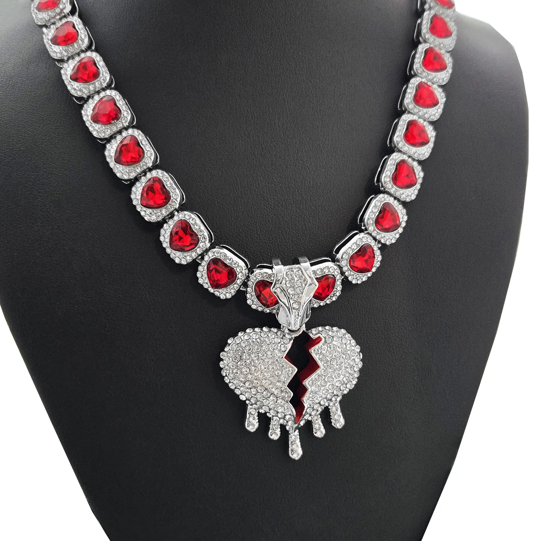 MaxBling81 Broken Heart Drip Silver-Plated Cubic Zirconia Statement Necklace - 20in Bling Red Gemstone Chain Link Necklace, Unisex Daily Fashion Costume Jewelry Accessory, Chain Link Necklaces
