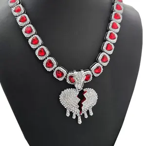 Broken Heart Drip Silver Plated Cubic Zirconia Pendant 20" Bling Red Gemstone Heart Chain Necklace Jewelry Accessory