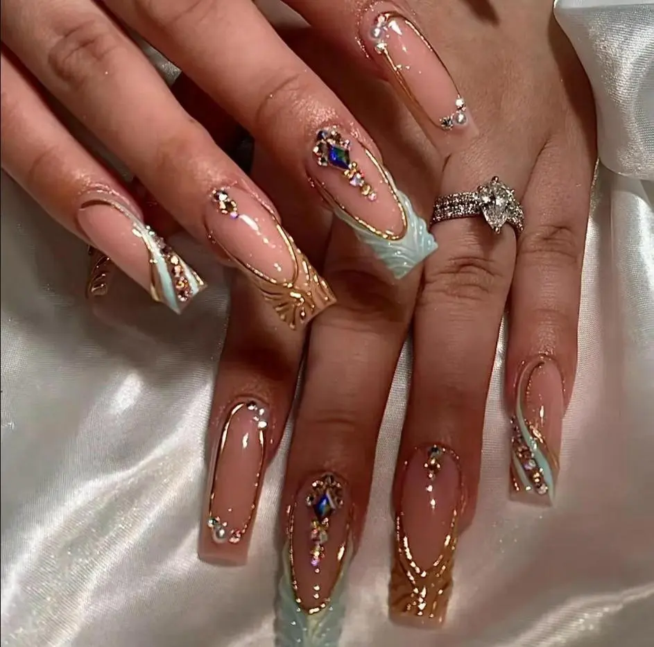[NEW RELEASE] Glam 3D Gem Press On Nails/Handmade Gel Nails In Long Square/Glue On Nails/Summer Blue Nails/Birthday Wedding Vacation Nails/Gift for Her