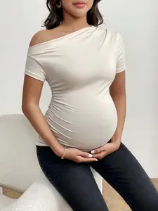 SHEIN Maternity Solid Color Asymmetrical Neckline Pleated T-Shirt
