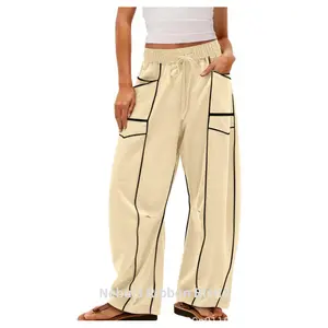 Women's High-Waisted Tube-Shaped Sports Pants Loose Wide-Leg Drawstring Sports Pants with Pockets and Stitching Details