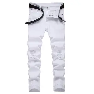 Men's Destroyed Skinny Jeans | Stretch Denim with Hole Details | Pencil Fit Streetwear Pants for Casual Styling Menswear Elastic