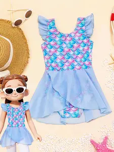 Girl's Mermaid Scale Print One-pieces Swimsuit, Unique Fish Scale Pattern, Cute Cap Sleeve Swimwear for Beach Holiday Vacation, Kids Swimsuit for Summer, Swimsuit Style, Bathingsuit