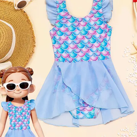 Girl's Mermaid Scale Print One-pieces Swimsuit, Cute Cap Sleeve Swimwear for Beach Holiday Vacation, Kids Swimsuit, Childrens Swimwear for Summer