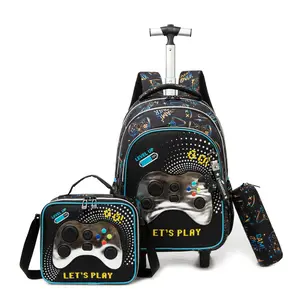 Kids Rolling Games Backpack for Boys Trolley Suitcases Luggage Travel with Wheels Bookbag Wheeled 17" 3PCS Roller Backpacks Toddler Tote Bag Back Pack School Bags Set Elementary Blue Gaming Design