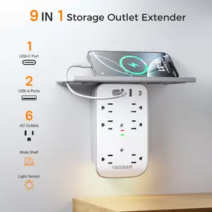 SummerGarden Tessan Bathroom Wall Outlet Extender with Shelf & Smart Night Light, Surge Protection, for Home & Dorm & Office Organization, 6 AC, 2 USB Ports, 1 USB C