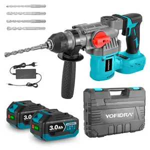 Yofidra Cordless Hammer Drill SDs Max Portable Electric 1500W 3J Impact Power 2-in-1 Demolition Hammer Chisel with 2x 3.0Ah Batteries Heavy Duty Handle Hardware drill Industrial Tool Kit Tool Box power tools