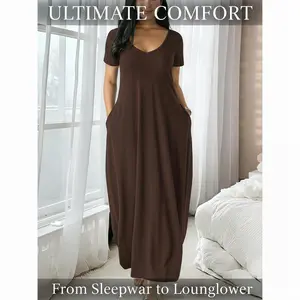 Women's Long Coffee Color Dress, Casual Fitted Style, Large Round Neck Short Sleeve Pocket Sleepwear, Soft Fabric All Seasons Wear