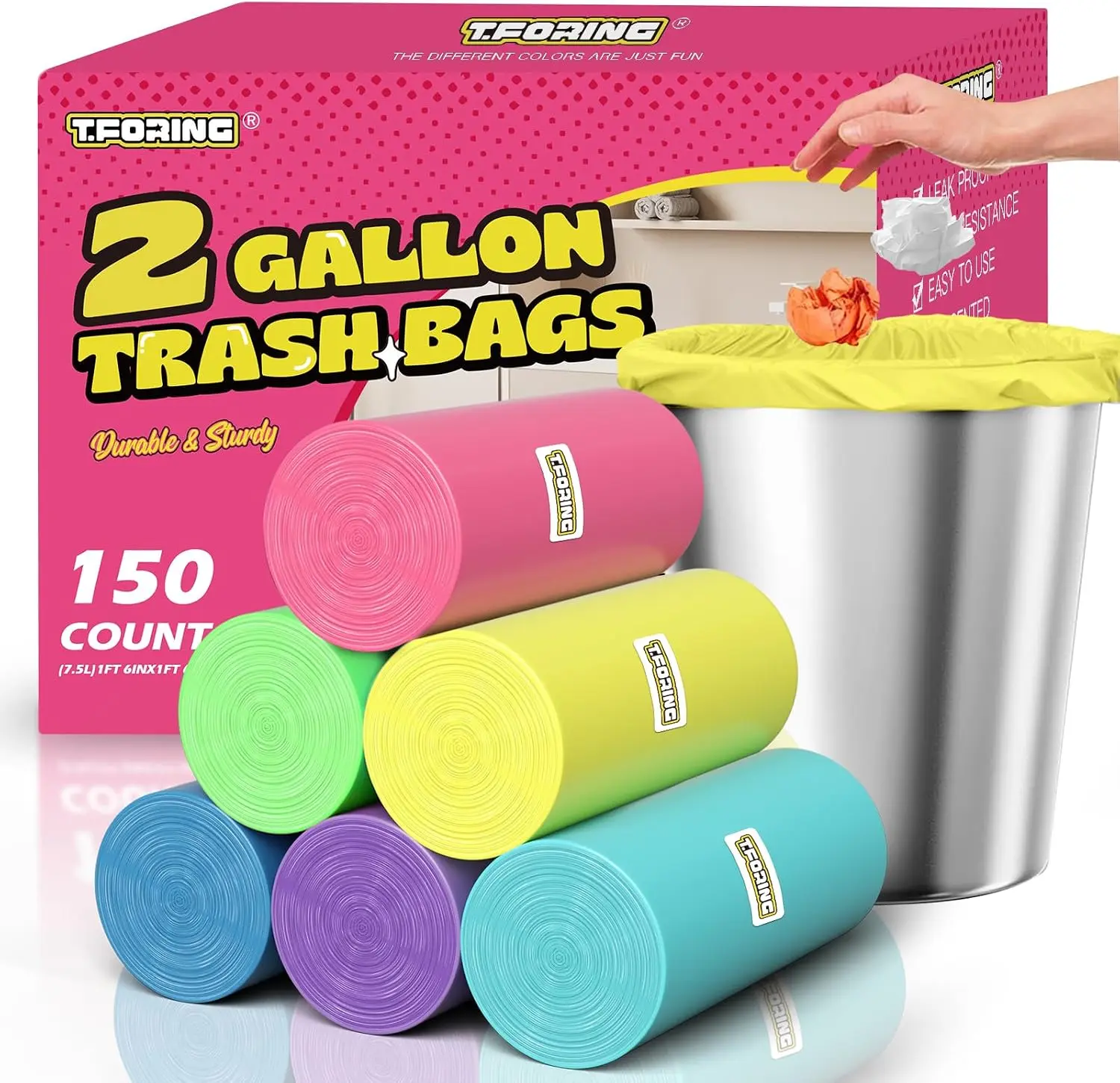 2-Gallon Small Trash Bags, Unscented 0.78-Mil Wastebasket Liners, 150 Count