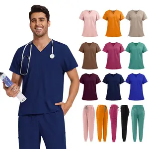 Men's Unisex 2-Piece Doctor-Nurse Scrub Set with Nurse Cap - V-Neck, Thin Polyester-Spandex Fabric Scrubs, Comfortable Breathable Workwear Uniform