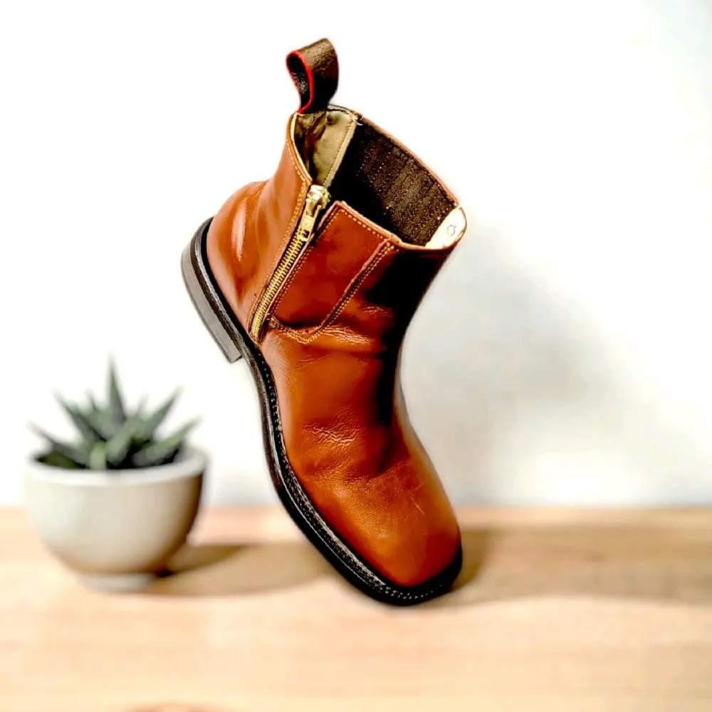 Men's Artisanal Ankle Boots - Western Style, Cowboy Look, All Season, Tobacco Color, Comfortable Walking Leather Footwear with Zip Closure, Rubber Sole, Rodeo Outfit Inspo, Urban Cowboy