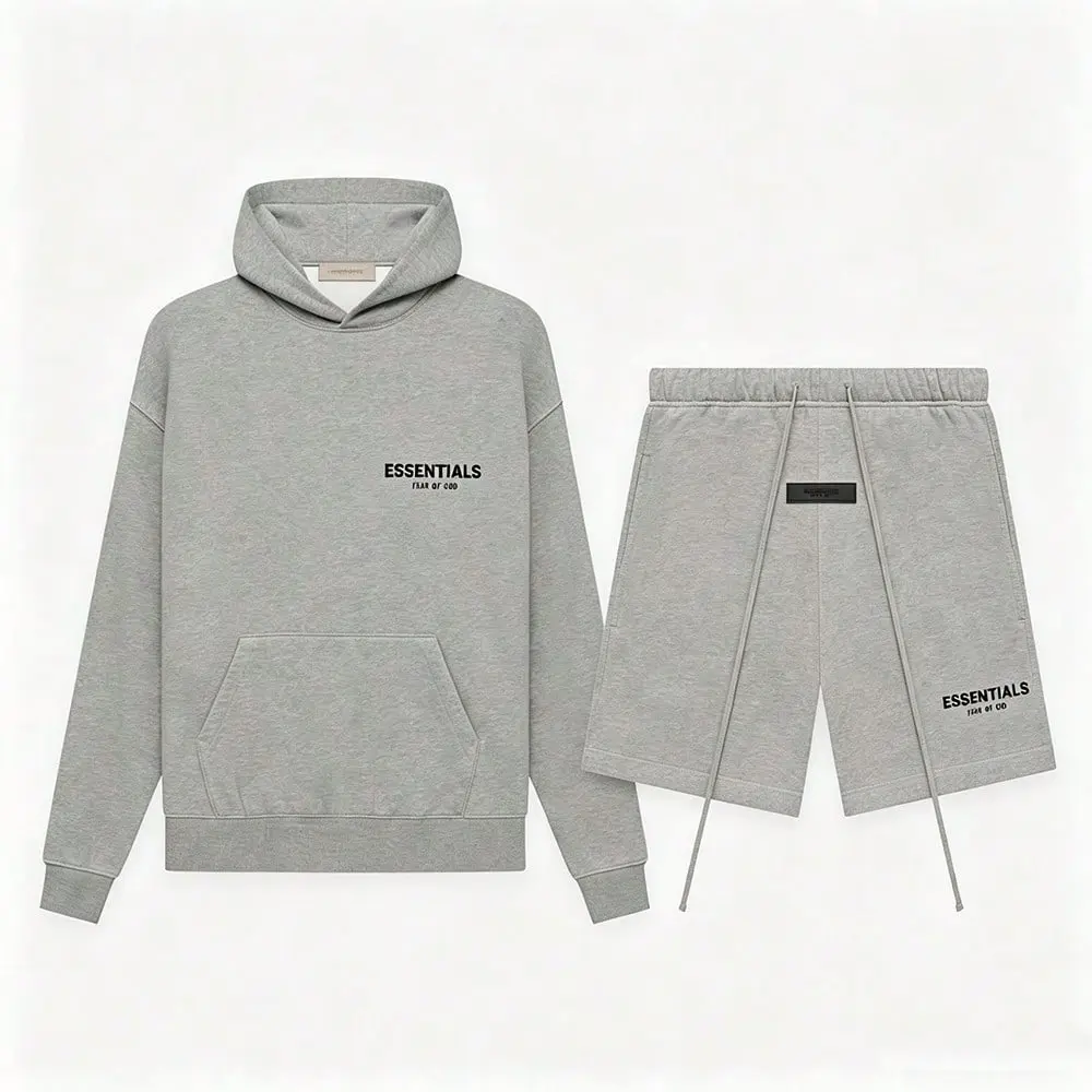 Fear of God Essentials Grey Printed 2 Piece Outfit Men Casual Loose Fit Pullover Hooded Sweatshirt Matching Shorts Athletic Sweatset