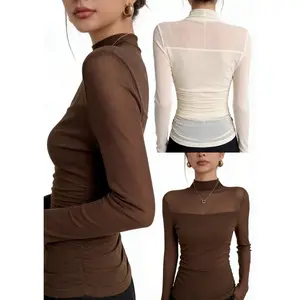 Women's Semi-High-Neck Mesh Blouse - Solid Color Sheer Top, Long Sleeve Round Neck Pullover, Fall/Winter Office Wear Soft Sheer Lace Blouse for Daily & Lounge