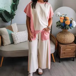 Women's Color Block Patchwork Two Piece Set - Short Sleeve Crew Neck Tee and Drawstring Loose Pants with Pockets