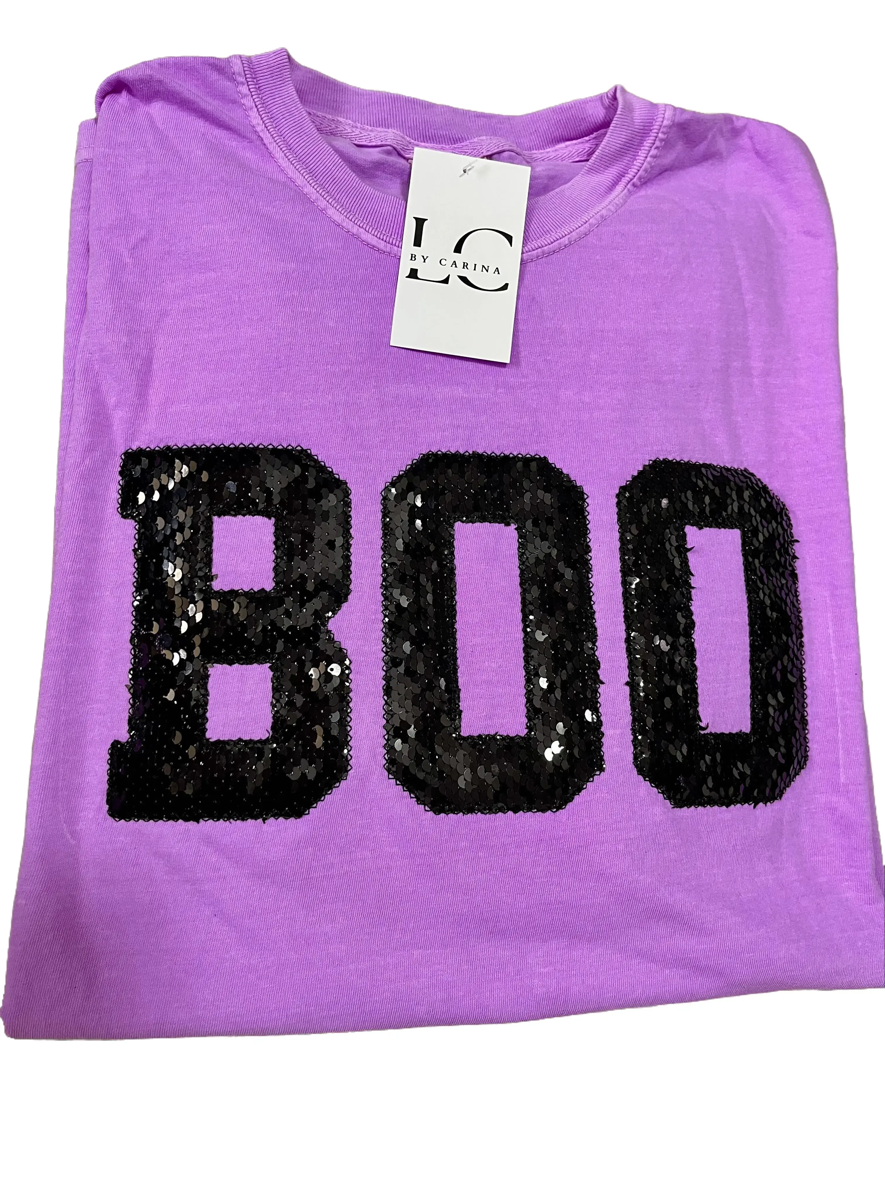 BOO Sequin Appliqué Halloween T-Shirt | Cute Spooky Season Graphic Tee | Vintage Fall Shirt | Sparkly Halloween Top | Pumpkin Patch Outfit | Women's Autumn Tee