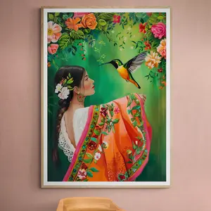 [UNFRAMED] Woman of Colors&humming-bird,Mexico Latin American Boho,Folklore Art Latina Poderosa,Latinx Art,latina empowerment,Chicano Art,latin spanish