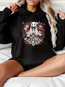 Women'S Cute Floral Print Hoodie - Spooky Season Sweatshirt with Front Bow & Long Sleeve, Cozy Fall Pullover Sweater, H-Line Silhouette, Black & White Halloween Graphic with Orange Flowers & Bats, Casual Pullover for Autumn Breathable Cloud
