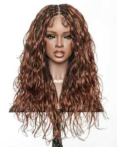 JALIZA Michelle - Dark Auburn Brown Color #33 Glueless Human Hair Body Wave Curls Pre Bleached HD Full Lace Knotless Boho Box Braided Wig