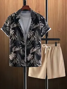 Men's Beach Vacation Plant Print Two-Piece Set, Lightweight Breathable Fabric, Casual Summer, Short Sleeve Blouse and Shorts