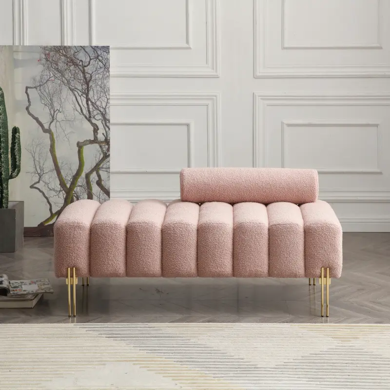 [SOIYELIFE] 53.2" Width Modern End of Bed Bench Sherpa Fabric Upholstered 2 Seater Sofa Couch Entryway Ottoman Bench Fuzzy Sofa Stool Footrest Window Bench with Gold Metal legs for Bedroom Living Room,Rose