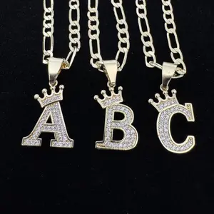 Initial Pendant Necklace 14k Gold Plated Crown Letter Necklaces Figaro Chain No Fade