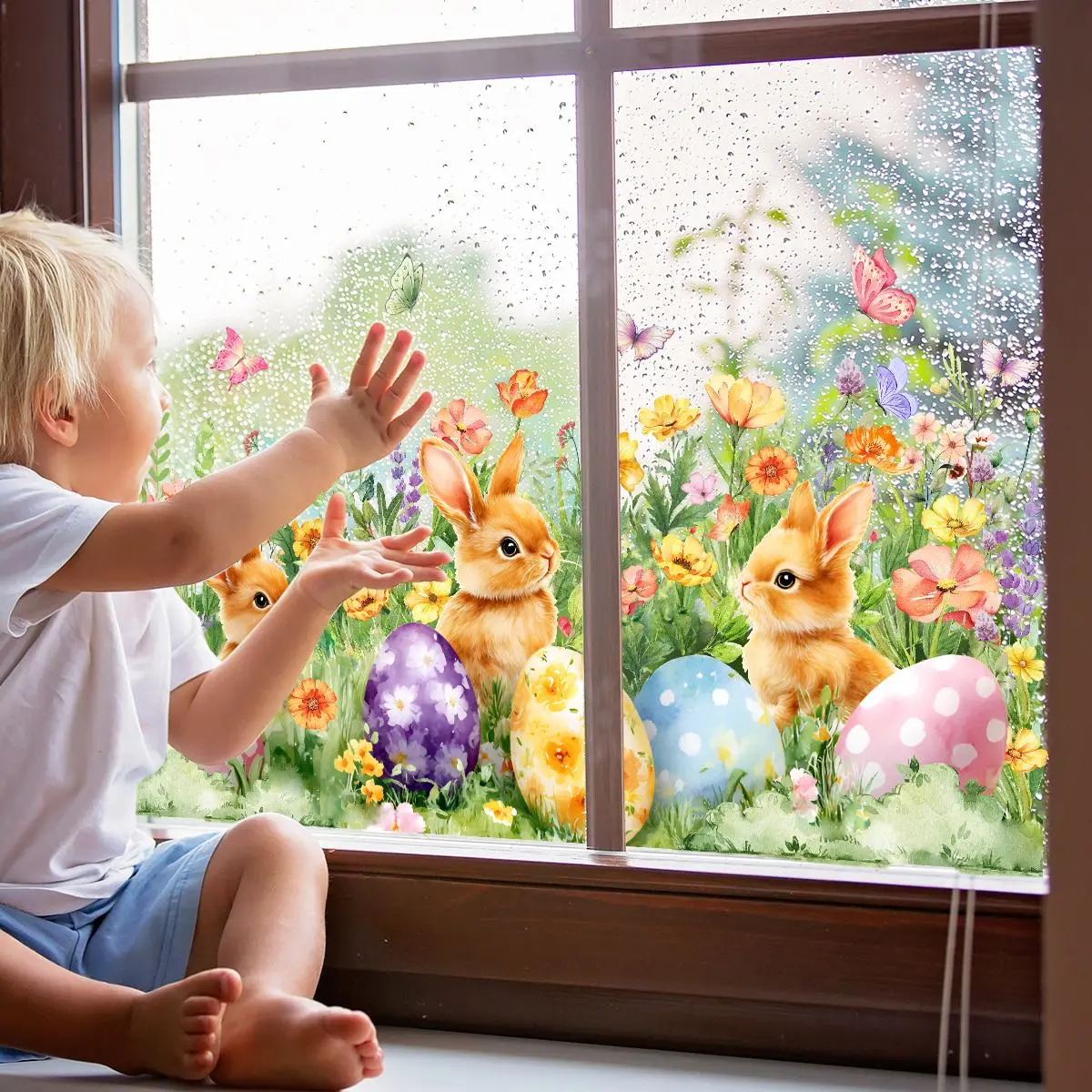 Easter Themed Window Sticker, 1 Sheet Colorful Cute Bunny Egg Flower Pattern Removable Window Decal, Decorative Sticker for Home Living Room Bedroom, Decoration
