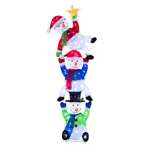 COSTWAY - 6 FT Pre-Lit Stacked Snowman Set with 155 LED Lights and Ground Stakes