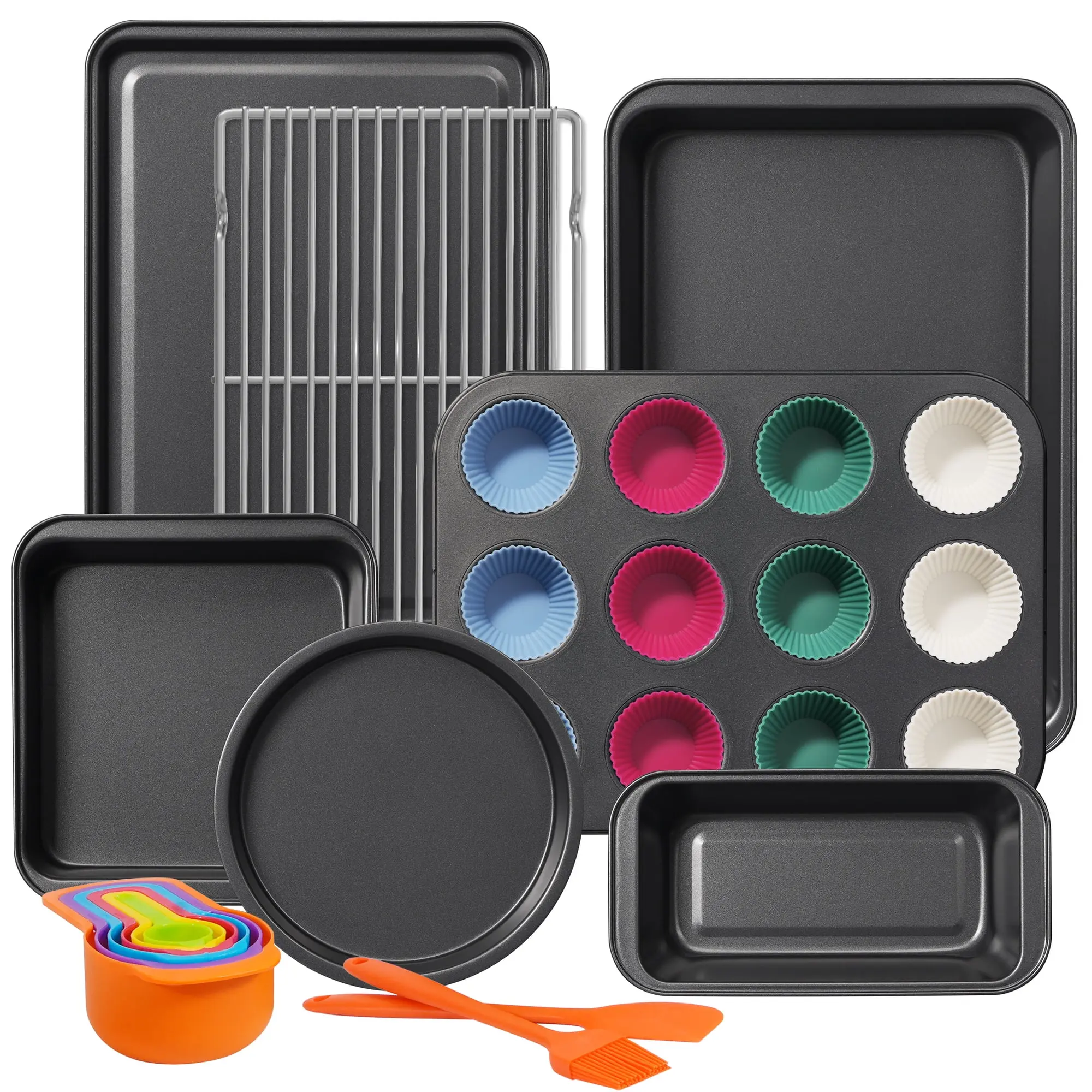 22-Piece Non-Stick Carbon Steel Bakeware Set – Stackable Oven Baking Pans, Cookie Sheet, Muffin Pan & Accessories (Oven Safe 446°F)