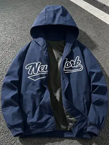 Men's Hooded Embroidered Jacket, New York Style Streetwear, Casual Fitted Design, All-Season Fashion, Autumn Winter Wear