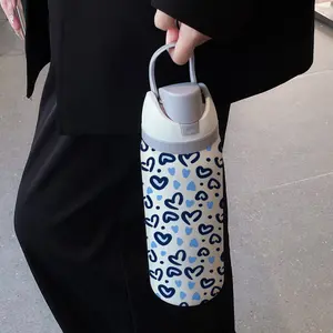 Valentine Heart Leopard Print 32oz Dual-Drink Sports Water Bottle, Portable 304 Stainless Steel Large Capacity Insulated Cup, Stainless Steel Drinkware, Perfect Gift for Women