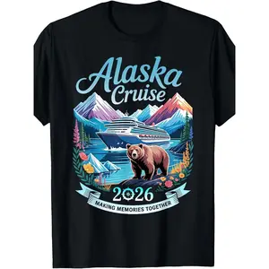 Alaska Cruise Experience T-Shirt - Showcasing Striking 'Alaska Cruise' Script, Colorful Cruise Ship Illustration, Picturesque Snowy Mountains, and A Brown Bear, 2026 Creating Memories Together