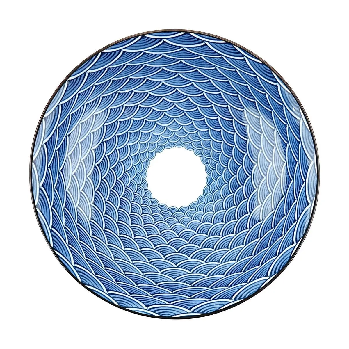 Golden Lion Japanese Ceramic Plate 8-Inch "Thousand Waves" Design - Deep Dish for Ramen, Udon, Serving - Microwave & Dishwasher Safe