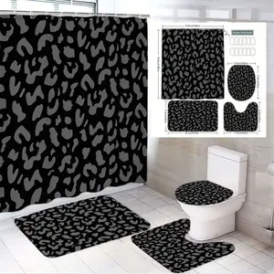 1/4pcs Leopard Print Shower Curtain Set 4-Piece - Black Gray Leopard Pattern Bath Mat Toilet Lid Cover, Rectangular & Oval Mat for Bathroom Decor, Perfect for Christmas, New Year, Valentine's Day, Housewarming & Birthday Gift