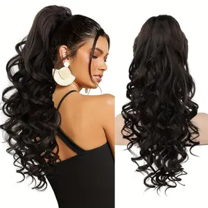Ponytail Extension for Women  22 Inch Long Curly Wavy Claw Clip in Ponytail Hair Extensions,Fluffy Hairpieces Synthetic Hair Wigs for Girls Daily Party Use, Black Color (Black)