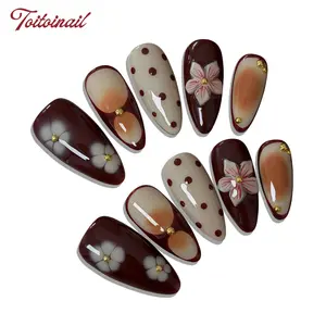 Brown Rhythm|10 PCS of Almond Pure Handmade Press On Nails, Brown and White Floral Vintage Mature Press On Nails, High Gloss Finish Base, Hand-painted Floral Design, Polka Dot Vintage Decoration, Commuting Press On Nail Set