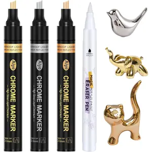Mirror Chrome Markers 4 PACK, 3 Colors Permanent Metallic Markers & 1 Clean Pen, 2-5mm Large Application Area, High Gloss, , Chrome  Marker for Crafts, DIY, Painting