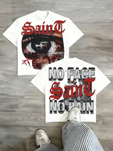 Men's Graphic Print T-Shirt, Cross Eye Gothic Font Dual-Sided Print, Soft Breathable Round Neck Top, Casual Loose Fit Summer Streetwear