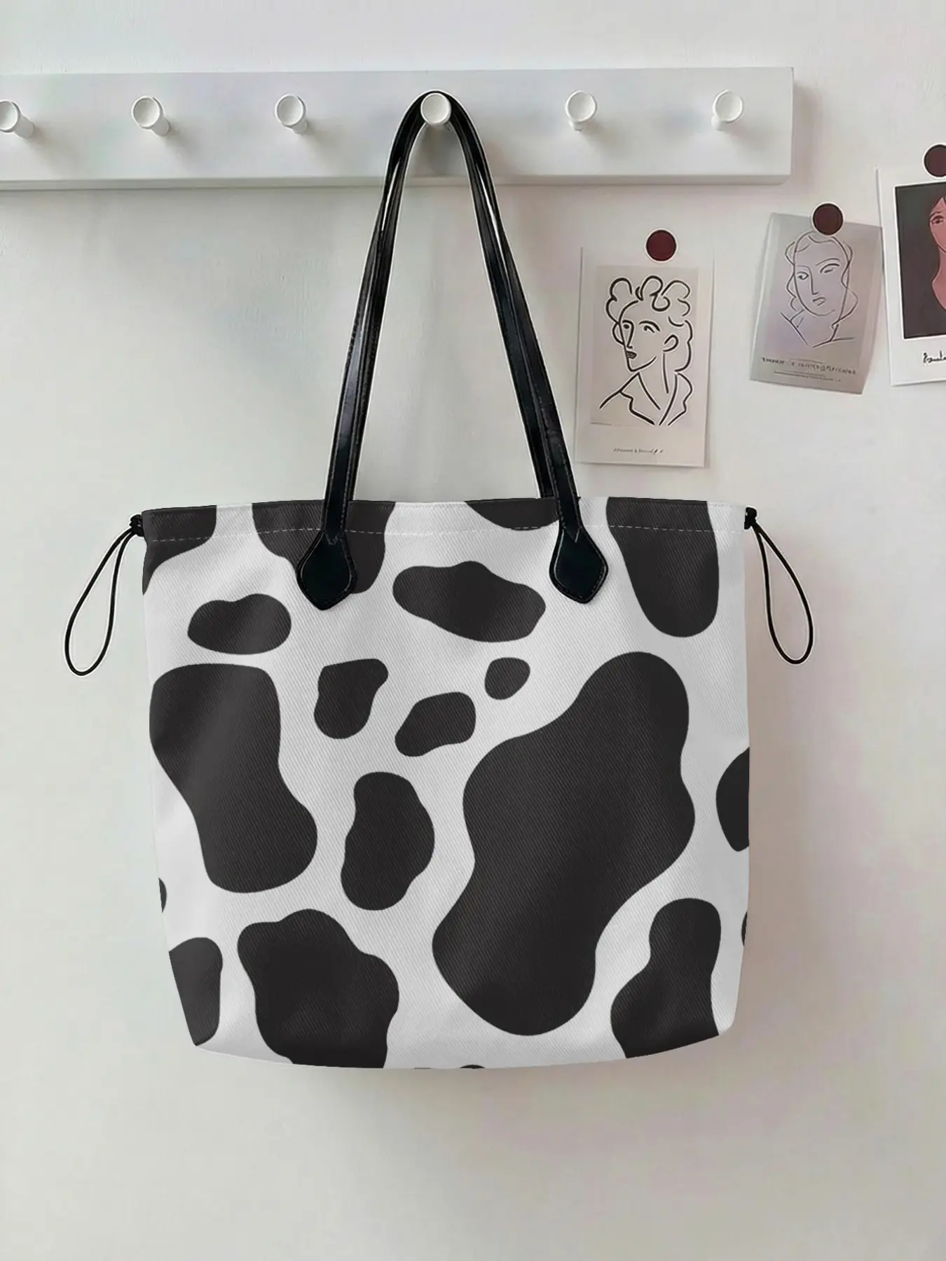 Cow Pattern 2D Printed Drawstring Bag, Casual Tote Bag, Large Capacity Shopping Bag, Durable and Wear-Resistant, Suitable for Work, Shopping, Picnic