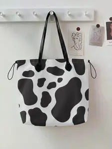 Cow Pattern 2D Printed Drawstring Shoulder Tote Bag, Large Capacity Shopping Bag, Durable and Wear-Resistant, Suitable for Work, Shopping, Picnic