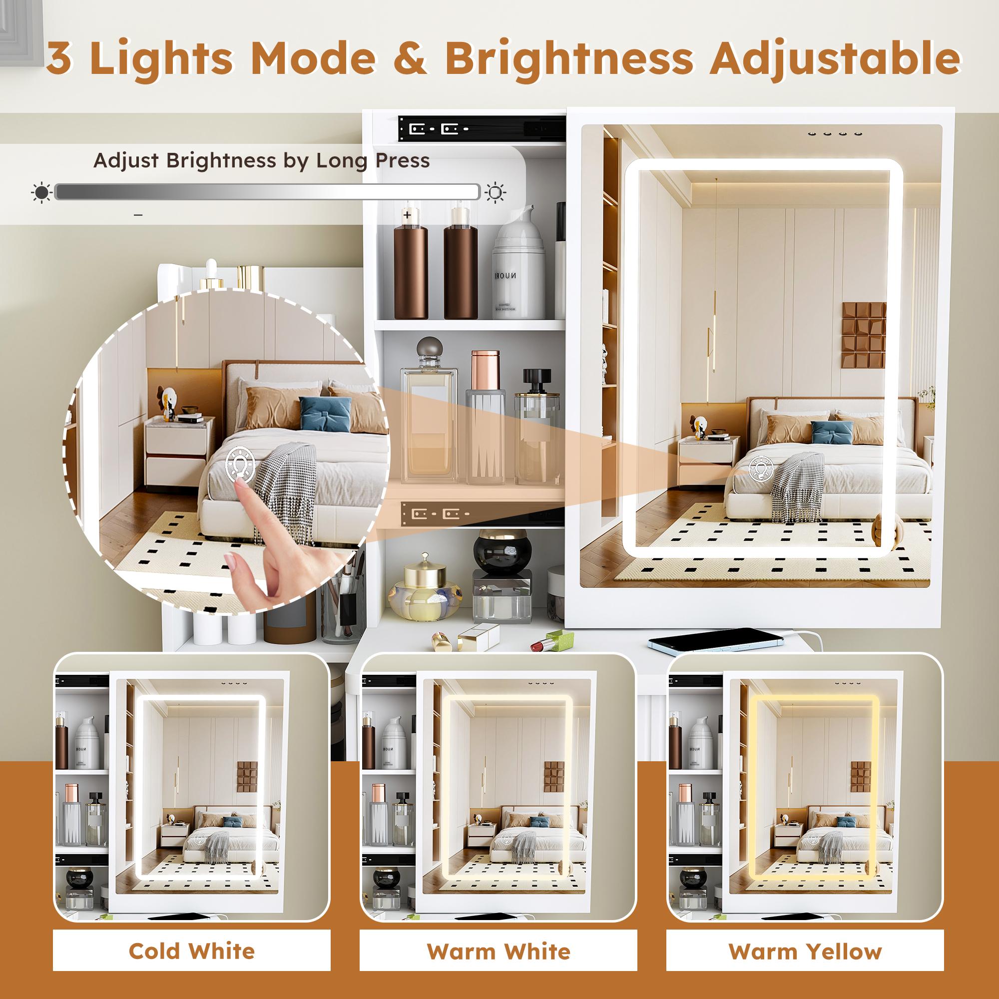 Modern Vanity Desk with LED Lighting 3 Modes & Adjustable Brightness, Makeup Table with 4 Drawers & Storage Shelves, Built-in Power Outlet & Hair Dryer Holder, Easy Assembly