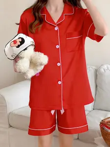Women's Bowknot High-End Pure Wine Sleepwear Set, Short Sleeve Top with Button Design, Comfortable Home Wear for Daily Use